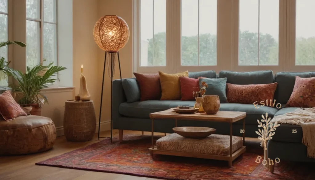 Lámparas de pie bohemio: Lámparas de piso bohemias de moda en una elegante sala de estar.