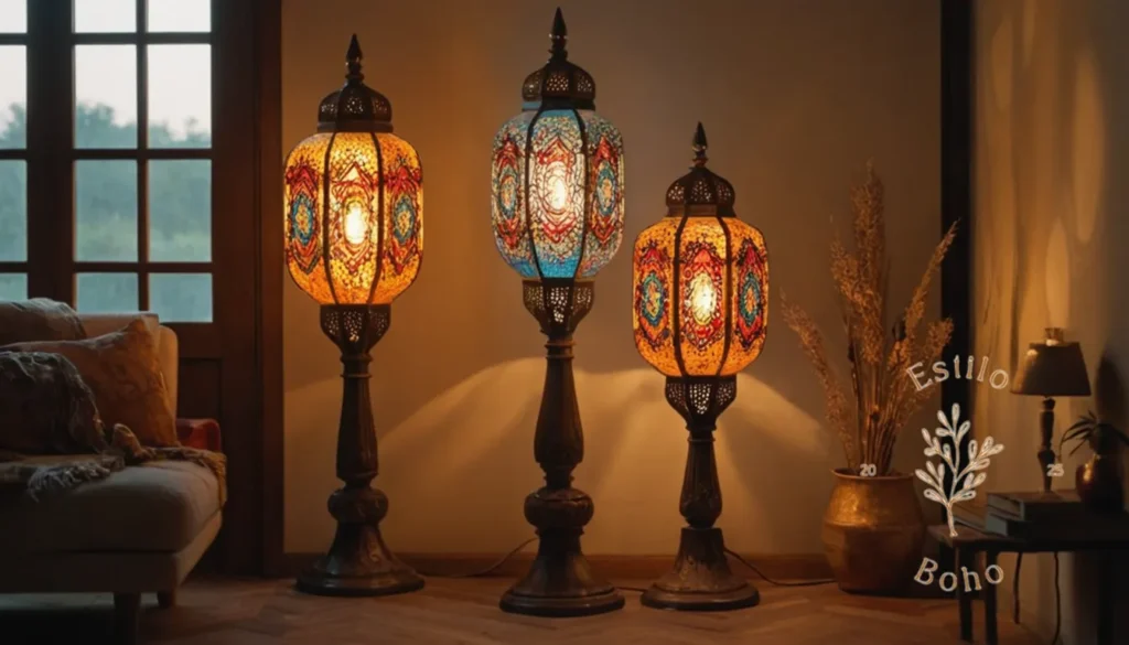 Lámparas de pié bohemio con cromo dorado: 3 lámparas de piso bohemias con efectos de iluminación suaves y cálidos.
