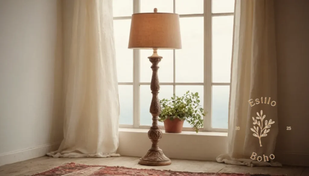 Iluminación Bohemía en Mesitas: Una lámpara bohemia sobre un fondo sereno y encalado.