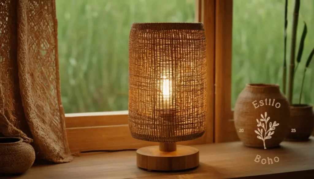 Iluminación hogareña bohemia espiritual: Una lámpara de estilo bohemio hecha de bambú y textiles naturales.