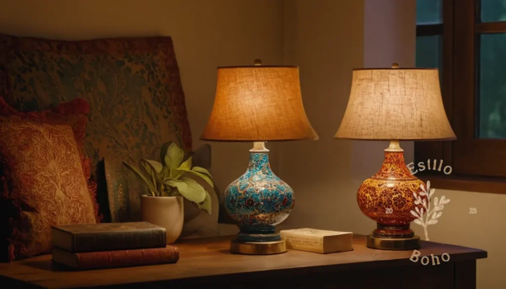 Combinar lámparas de pie bohèmeInterior estilos rústicos: 3 elegantes lámparas de mesa de lado bajo en configuraciones de decoración inspiradas en bohemia.