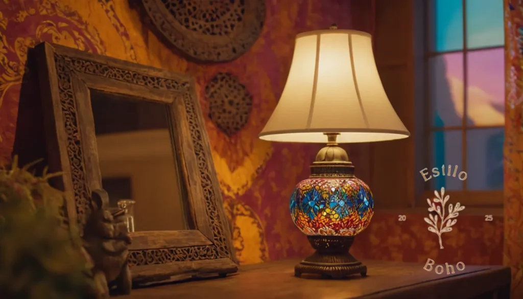 Lámparas Bohemias con Colores Fútiles: 6-8 lámparas de inspiración bohemia colocadas ingeniosamente en un colorido telón de fondo.