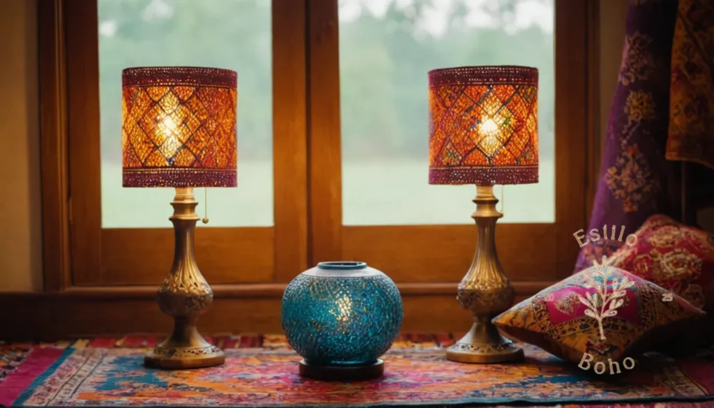 Lámparas Bohemias con Flecos: 3 elegantes lámparas bohemias colocadas en una alfombra colorida.