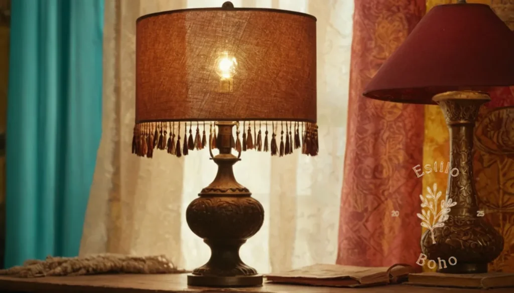 Lámparas de Bambú Bohemio para Jardín: Una lámpara de mesa vintage sobre un fondo bohemio colorido y ecléctico.
