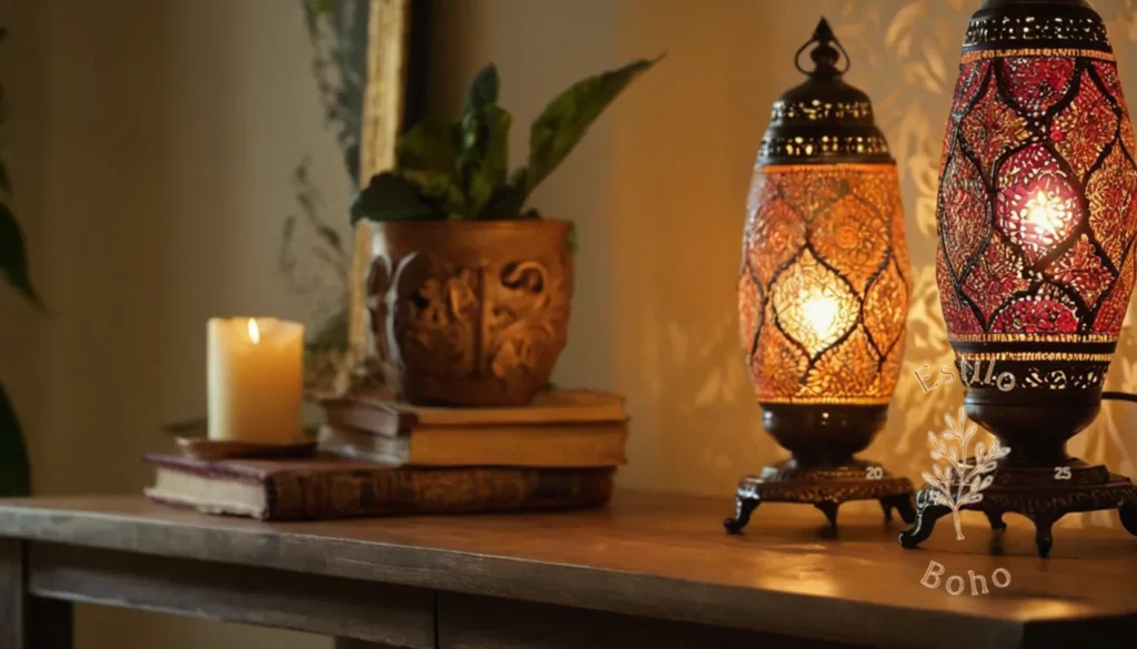 Lámparas de boho estilo rustico: 3 elegantes lámparas de estilo bohemio en una mesa decorativa.