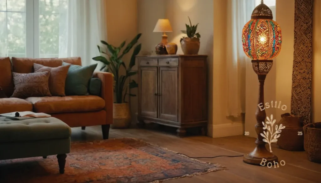 Lámparas de estilistas bohemios para hogares: Una lámpara de piso de estilo bohemio en una sala de estar serena.