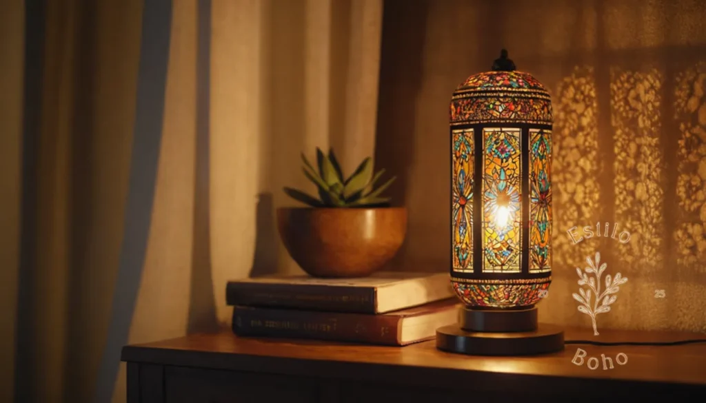 Lámparas de pie recicladas bohemias: Una elegante lámpara de estilo bohemio con una característica de sensor moderno.