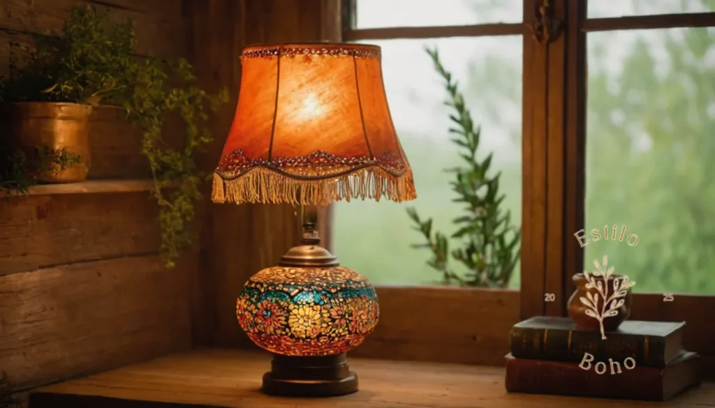 Bohemia iluminación energies ahorro: Una lámpara hecha a mano de inspiración bohemia en un entorno natural.