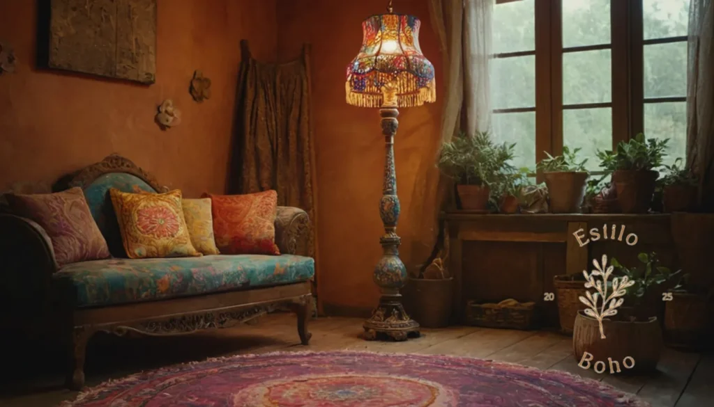 Lámparas de Piel Bohemias Recicladas: Una lámpara de estilo bohemio colocada en un entorno caprichoso y mágico.