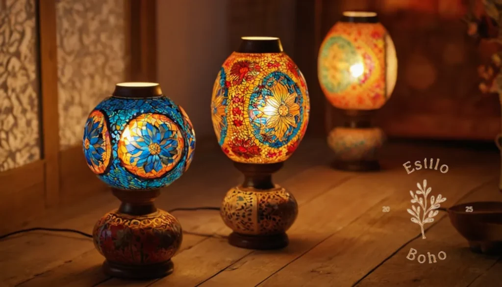 Iluminar esquinas oscuras bohemias: 3 coloridas lámparas de cerámica bohemia en un piso de madera.