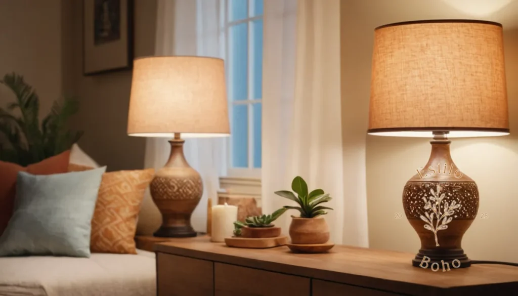 Lámparas Bohemias Baratas: 3-4 lámparas de mesa de estilo Boho en un fondo minimalista y acogedor.