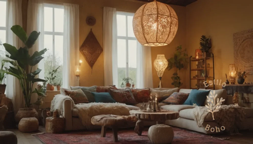 Lámparas de Piel Bohemia Grande Sala: Una sala de estar de estilo bohemio con lámparas únicas.
