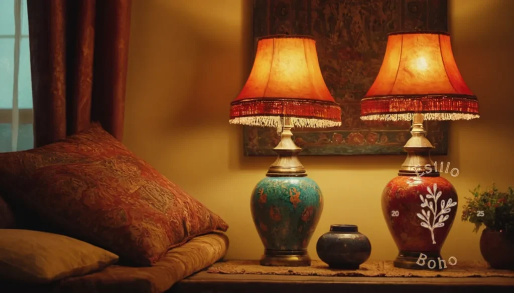 Lámparas bohemias étnicas: Una colorida casa de estilo bohemio con lámparas de mesa.