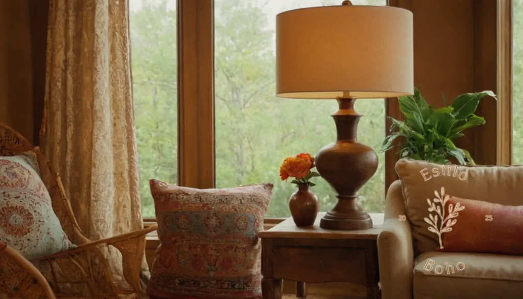 Lámparas de Madera Bohemia Detalles Artisanales: Lámparas de estilo bohemio en una elegante sala de estar orgánica.