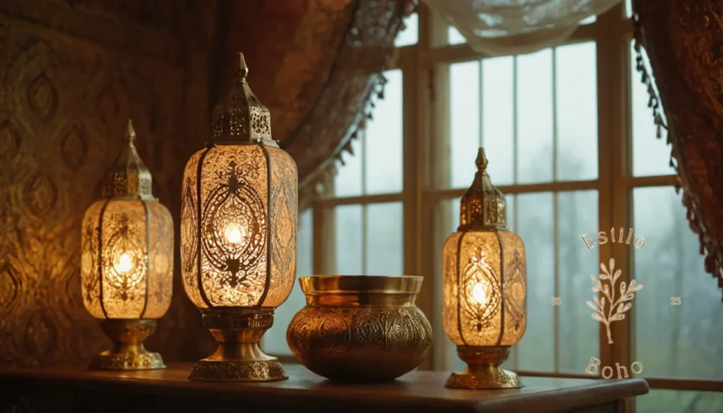 Lámparas de pie Boho con funda alpaca: 3 lámparas decorativas doradas contra un elegante telón de fondo bohemio.