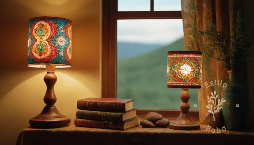 Lámparas Bohemias Online: 2 lámparas de pie de temática bohemia con coloridos tonos estampados.