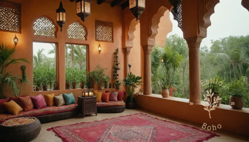 Lámparas Reutilizadas Bohemias: Linternas marroquí brillantes rodeadas de textiles exóticos y exuberante vegetación.