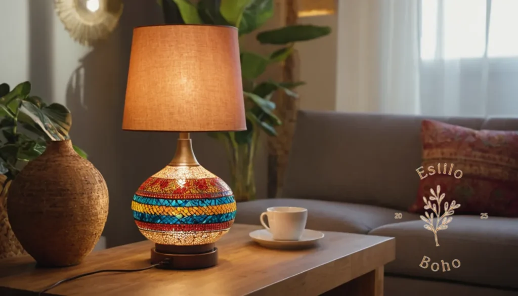 Lámparas bohemias vintage estilo crueldad: Una lámpara bohemia con puerto USB en una elegante sala de estar.