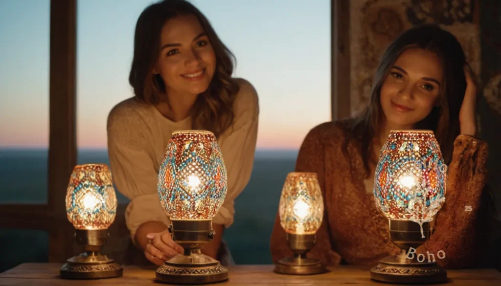lámparas de diseño geométrico Bohemio: 3-4 Lámparas vintage bohemias que tienen influenciadores felices y relajados.