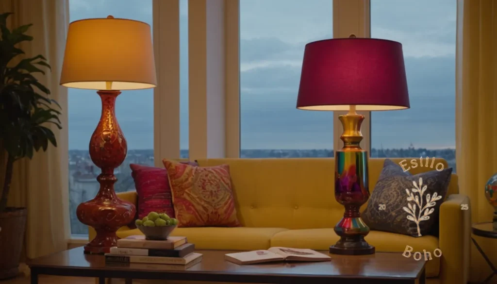 Combinar Lámparas Bohemias con Velas y Plantas Decorativas: 2-3 lámparas eclécticas y coloridas en una sala de estar moderna.