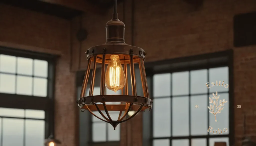 Decorar con lámparas de pie Boho Chic: Una lámpara de metal de inspiración bohemia en un entorno industrial.