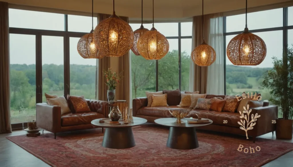 Lámparas de pie bohemias orientales: 3 lámparas colgantes bohemias-chic en una sala de estar grande y lujosa.