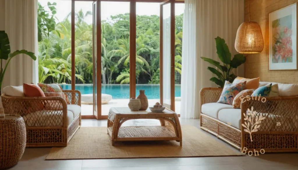 Lámparas de Pie Bohemias Mejores: Una sala de estar elegante y tropical con lámparas de ratán.