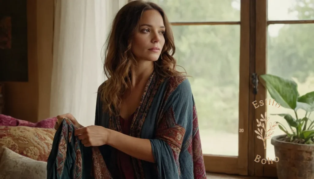 Decoración con algodón eco friendly: Una mujer elegante y relajada plegable ropa perfecta de estilo bohemio.