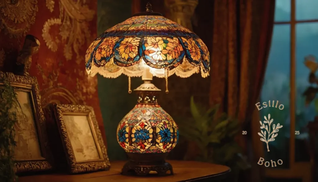 Lámparas plegables bohemia versatile: Lámpara bohemia bellamente decorada sobre un fondo ecléctico adornado.
