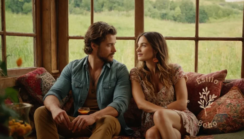 Mantas Elegantes de Algodón Egipcio: Una pareja relajada que disfruta de su escondite rural bohemio.