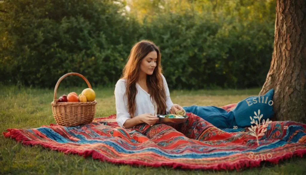 Colchas Bohemias Culturales: Una persona relajada que disfruta de una colorida manta de picnic bohemio.
