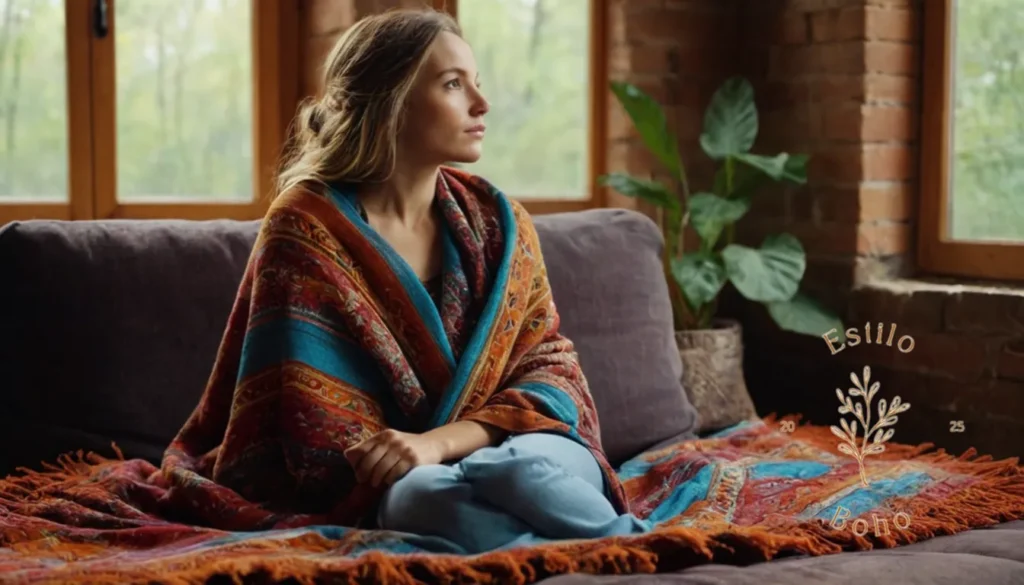 Mantas Bohemias Ibicencas Verano: Una persona colorida y relajada envuelta en una gran manta bohemia.