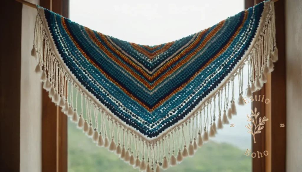 Colchas Boho Para Playa: Una elegante manta adornada con franjas difusas y cuentas gruesas.