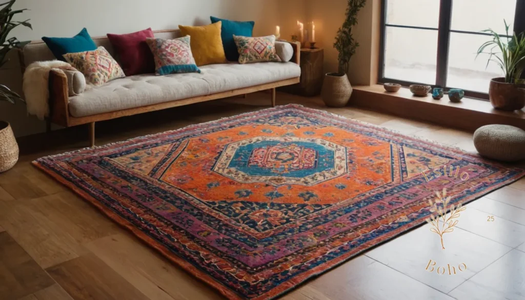 Colchas Lino Bohemio Primavera: Una vibrante alfombra bohemia que agrega calor a una acogedora sala de estar.