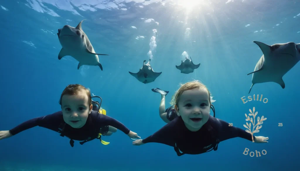 Mantas bohemias grandas decorativas: 3 bebés felices nadando con mantas bajo el agua.