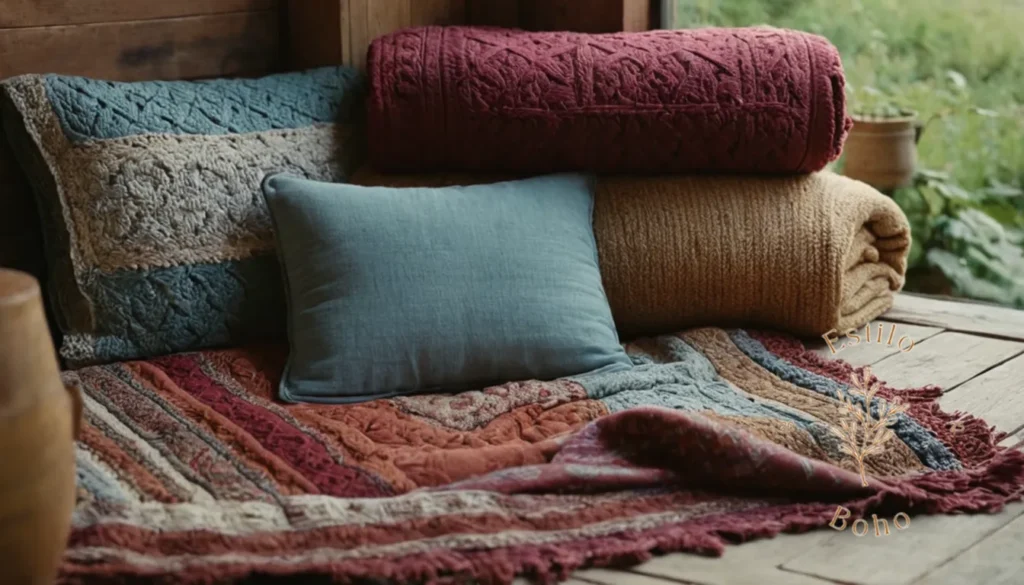 Colchas Boho Bordadas Artesanias: Las mantas de lanzamiento de estilo bohemio vintage arregladas ingeniosamente al aire libre.