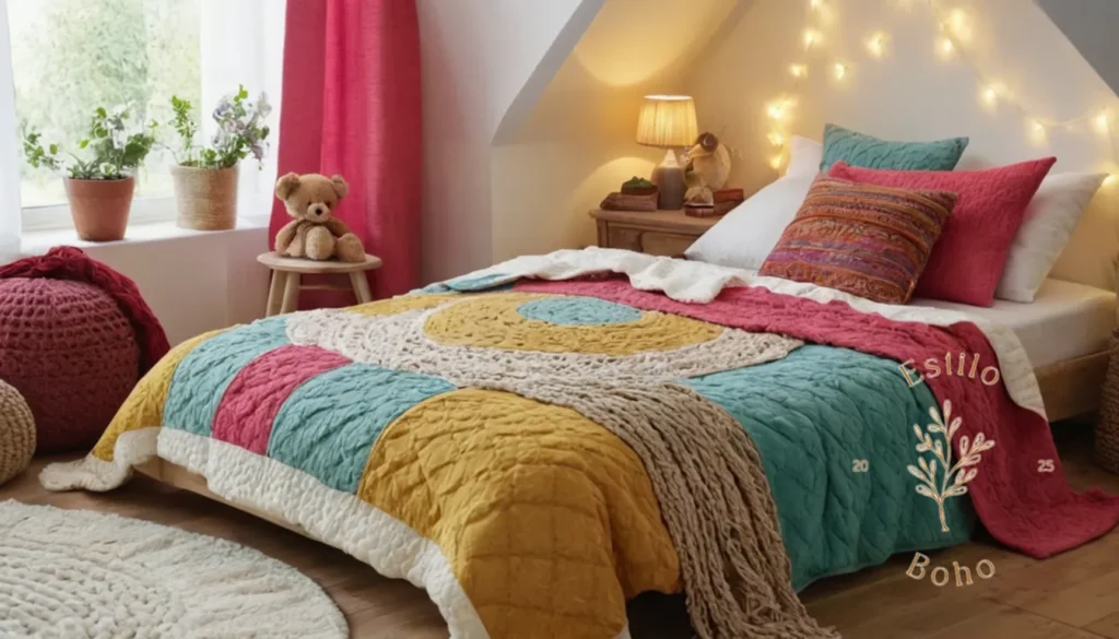 Colchas Crochet Bohemio King Size: 5-6 Mantas para niños de estilo bohemio en una configuración de cama moderna.