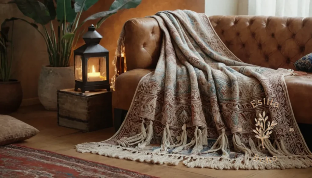 Mantas de estilismo bohemio: Una elegante manta de inspiración bohemia con borlas largas colocadas elegantemente.