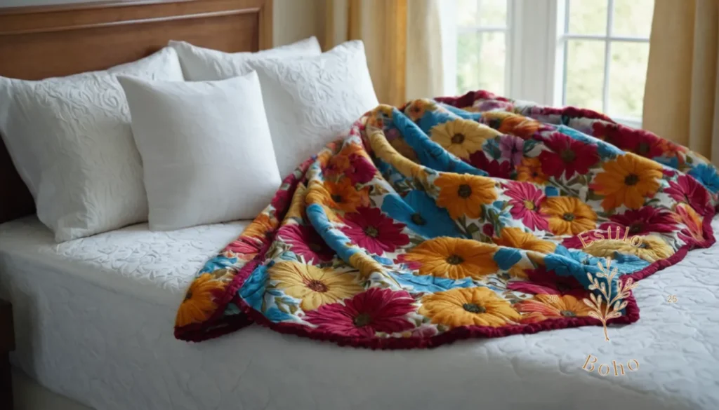 Mantas Bohemias para Sillas de Mimbre: Una colorida manta floral drapeada elegantemente en una cama.