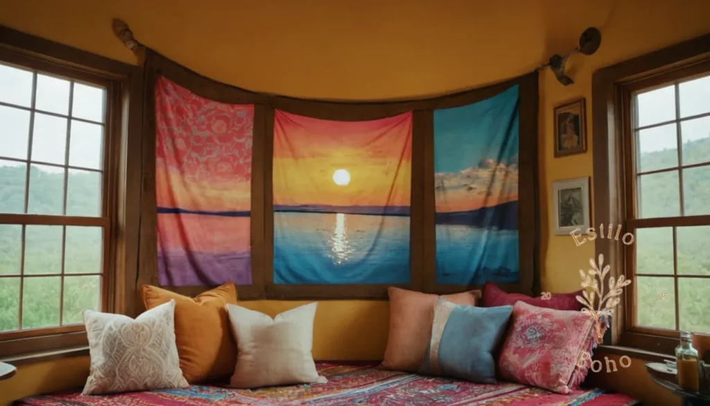 Colchas Bohemias Veraniegas Ligera: 3 coloridas mantas inspiradas en bohemia enmarcando una fotografía caprichosa.