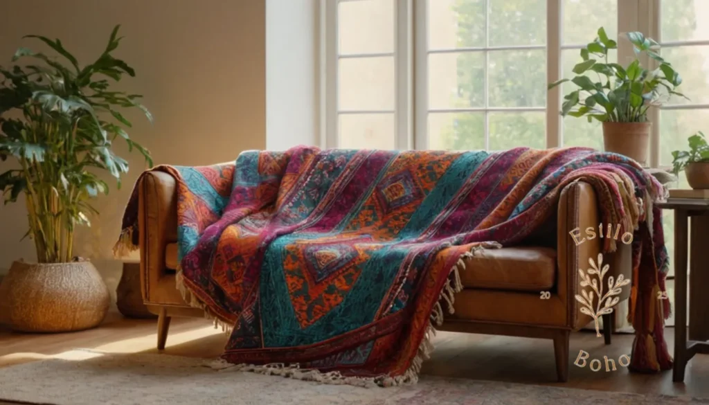 Colchas bohemias largas con flecos hippié chic: Una colorida manta geométrica bohemia cubierta sobre muebles.