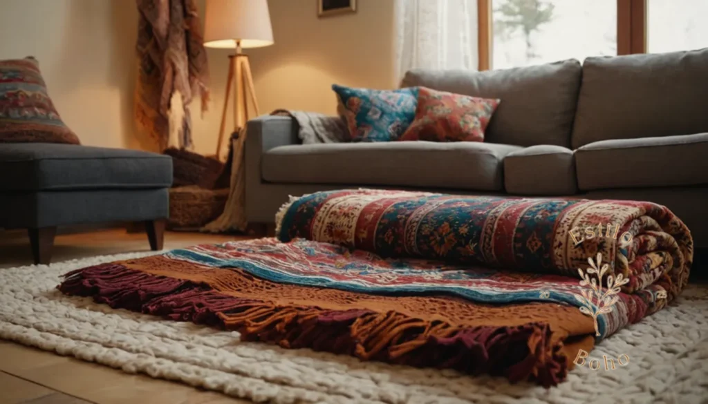 Mantas bohemias de estilo para sofá moderno: 3 grandes mantas bohemias esparcidas casualmente en el piso de la sala de estar.
