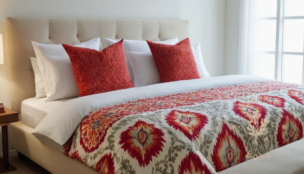 Colchas con Relleno de Bambú Bohemios: Un hermoso décimo de impresión Ikat en una cama minimalista.