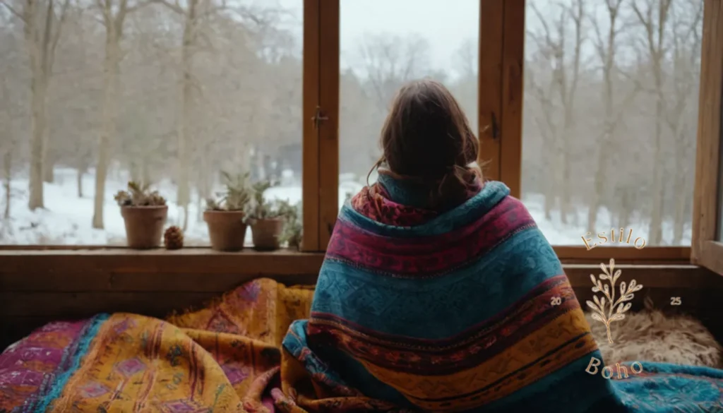 Mantas Bohemias Para Sofas Grande: Una persona envuelta en una colorida manta bohemia en invierno.