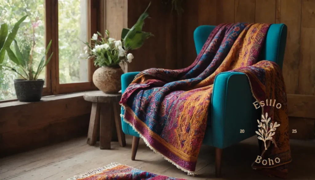 Mantas Bohemias Suaves: 3-4 lanzamientos de boho-chic coloridos envueltos alrededor de un modelo o un sillón.
