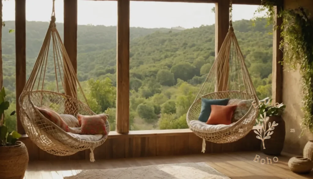 Mantas Bohemias con Flecos Largos: 2 hamacas elegantes en sillas de mimbre en entornos de estilo bohemio.