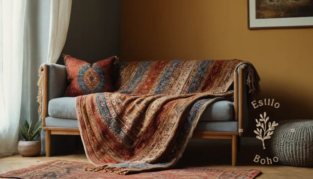 Colchas étnicas con motivos tribales: Una manta de estilo bohemio cubría un sofá minimalista.