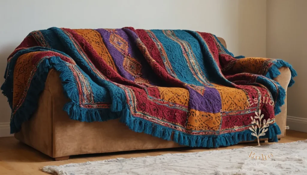 Mantas étnicas bohemias infantil: Una vibrante y llamativa manta gigante de inspiración bohemia en un sofá.