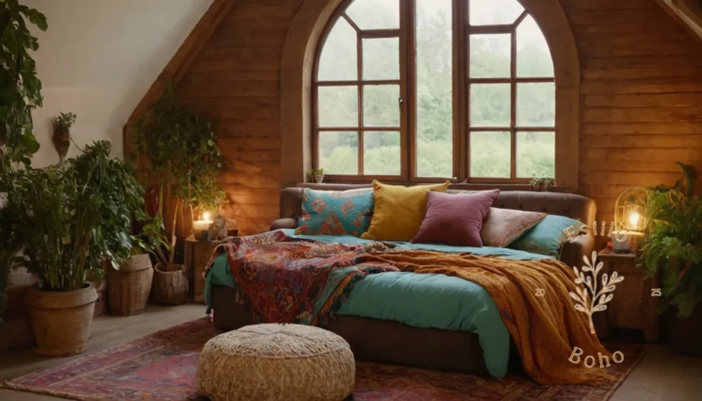 Colchas Bohemias para Casa Campo: Un entorno de dormitorio de estilo bohemio con una cómoda cama de sofá.
