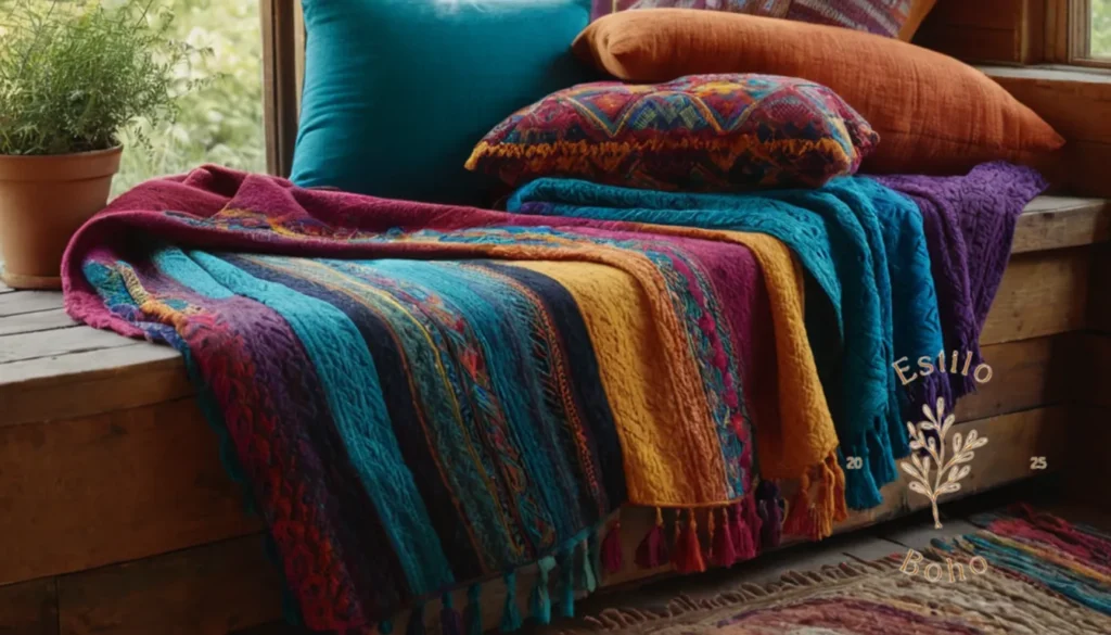 Colchas mandalas Queen Size Bohemios: 3 coloridas mantas de manta drapeadas sobre una escena de verano inspirada en bohemia.